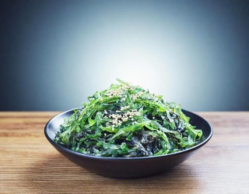 Sallad av sjögräs toppad med sesamfrön i en svart skål på träytan.